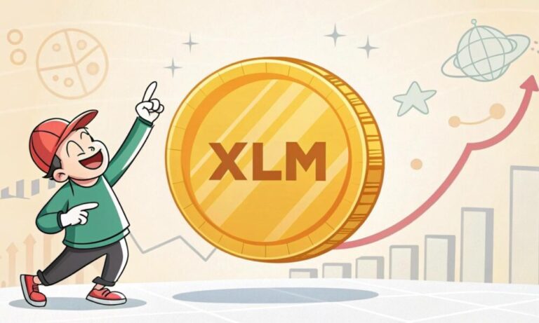 a cartoon character pointing at a large xlm coin i 11zon 1000x600